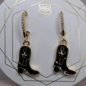 B.B. Lila cowboy boots in black & goldtone with rhinestone Huggies Earrings NWT